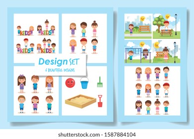 six designs of kids and toys vector illustration design