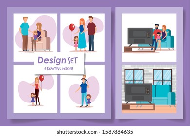 six designs of members family scenes vector illustration design