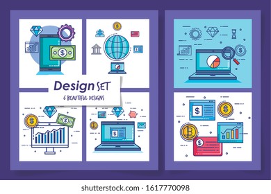Six designs of money financial icons banking commerce market payment buy currency accounting and invest theme Vector illustration