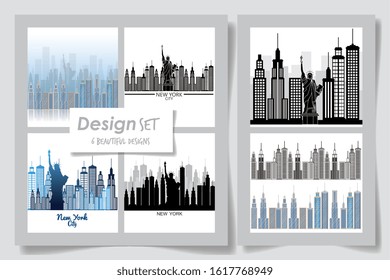 Six designs of new york buildings, City architecture urban modern downtown contemporary metropolis exterior and construction theme Vector illustration