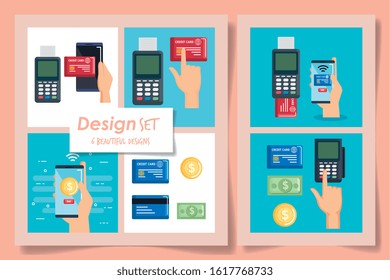 six designs of nfc technology and icons vector illustration design
