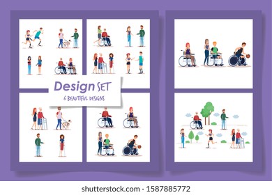 six designs of people disabled scenes vector illustration design