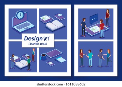 six designs of people with office equipments vector illustration design