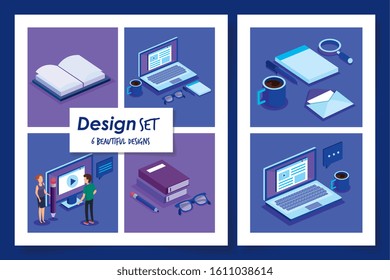 six designs of people with office equipments vector illustration design