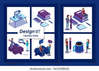 six designs of people with office equipments vector illustration design