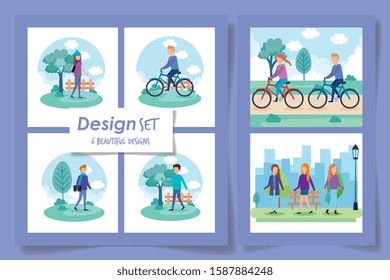 six designs of people in the park vector illustration design