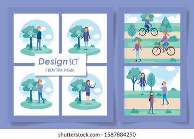 six designs of people in the park vector illustration design