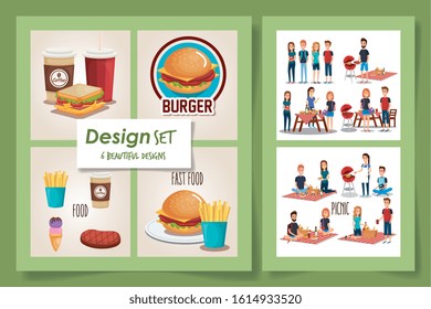 six designs of picnic scenes with delicious food and people vector illustration design