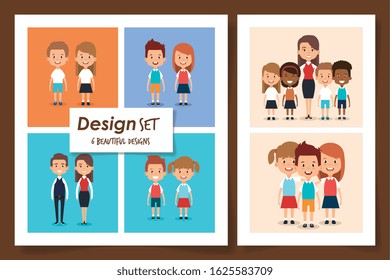 six designs of scenes little students vector illustration design