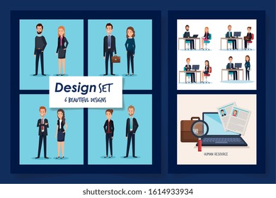 six designs of scenes resources human with icons vector illustration design