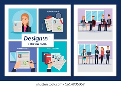 six designs of scenes resources human with icons vector illustration design