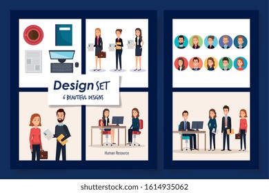 six designs of scenes resources human with icons vector illustration design