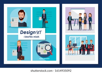 six designs of scenes resources human with icons vector illustration design