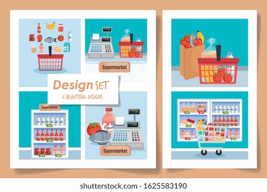 six designs of scenes supermarket with icons vector illustration design