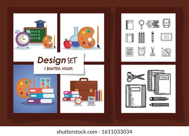 six designs of school education supplies vector illustration design