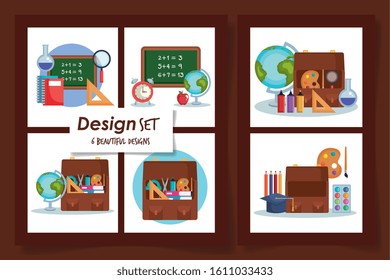 six designs of school education supplies vector illustration design