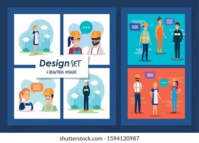 six designs set of group workers vector illustration design