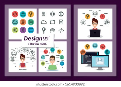 six designs set of programming computer with young people vector illustration design