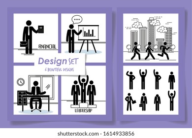 six designs of silhouettes of men doing activities vector illustration design