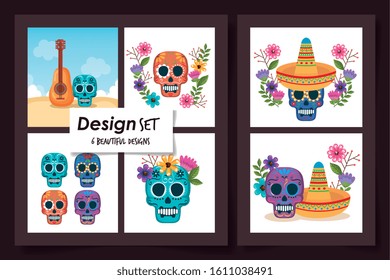 six designs of skulls with food mexico traditional vector illustration design