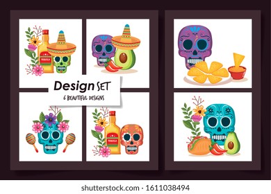 six designs of skulls with food mexico traditional vector illustration design