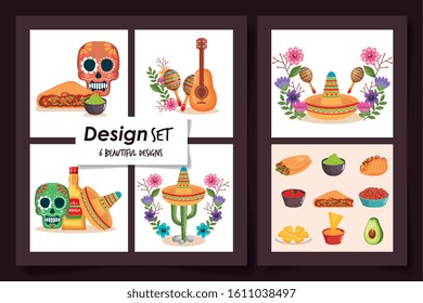 six designs of skulls with food mexico traditional vector illustration design