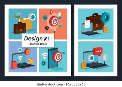 six designs of social marketing and icons vector illustration design