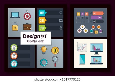 six designs of statistics infographic icons vector illustration design