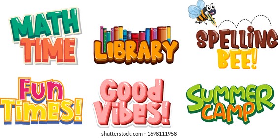 Six designs of sticker with colorful fonts illustration