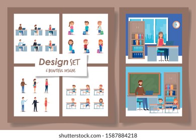 six designs of students with teachers scenes vector illustration design