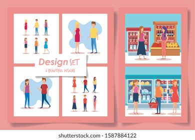 six designs of supermarket customer vector illustration design