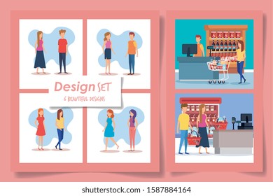 six designs of supermarket customer vector illustration design