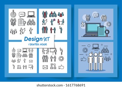 six designs of team work and icons vector illustration design