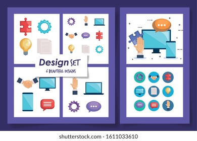 six designs of teamwork and icons vector illustration design
