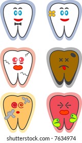 Six designs of a tooth. Two are happy and healthy. The rest are either cracked, stained, decayed, or in pain.