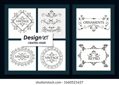 six designs of vintage ornamental frames vector illustration design