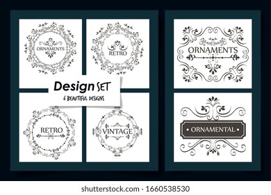 six designs of vintage ornamental frames vector illustration design