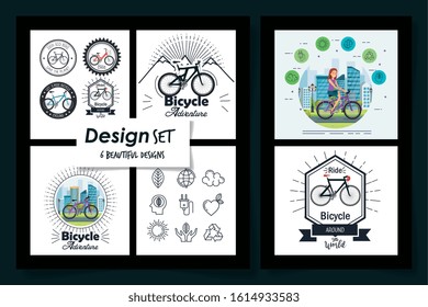 six designs of young people scenes and bikes vector illustration design