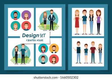 six designs of young people vector illustration design