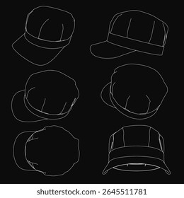 Six detailed baseball caps sketched on a black background, each with a unique shape and size. The caps range from light to dark blue, showcasing clear stitching and distinct designs.