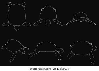 Six detailed sea turtle sketches on a black background, each with unique shapes and sizes. The white outlines contrast sharply against the dark backdrop, highlighting the intricate details.