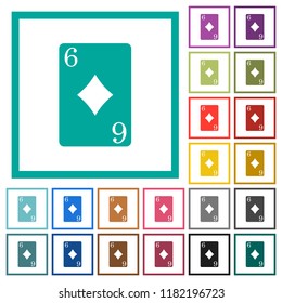 Six of diamonds card flat color icons with quadrant frames on white background