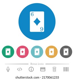 Six of diamonds card flat white icons on round color backgrounds. 6 bonus icons included.