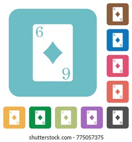 Six of diamonds card white flat icons on color rounded square backgrounds