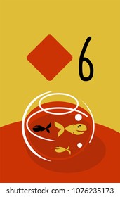 six of diamonds. Stylized Vector Vintage and comic style playing card with number, cute fish and aquarium.  