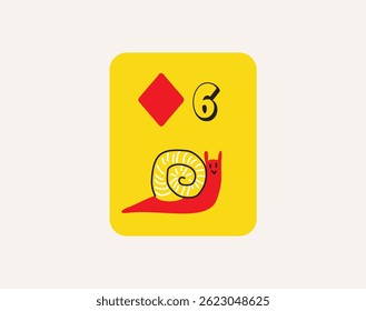 six of diamonds. Stylized Vector Vintage and comic style playing card with number, yellow background and cute Snail 
