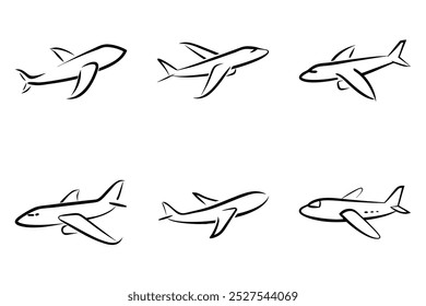 Seis desenhos de aviões diferentes, todos desenhados em preto e branco. Os planos são dispostos em uma linha, com o primeiro plano à esquerda e o último plano à direita. Os designs variam em tamanho