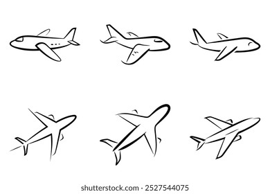 Six different airplane designs, all of which are drawn in black and white. The planes are positioned in various orientations, with some flying straight up and others flying at different angles