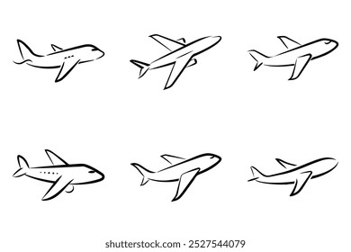 Six different airplane designs, all of which are drawn in black and white. The planes are positioned in various orientations, with some flying straight up and others flying at different angles