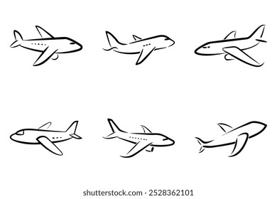 Six different airplane designs, all of which are drawn in black and white. The planes are positioned in various orientations, with some flying straight up and others flying at different angles